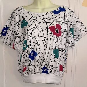 Vtg 70s/80s Jessica Scott Floral Print Black Paint‎ Splatter Cap Sleeve Knit Top